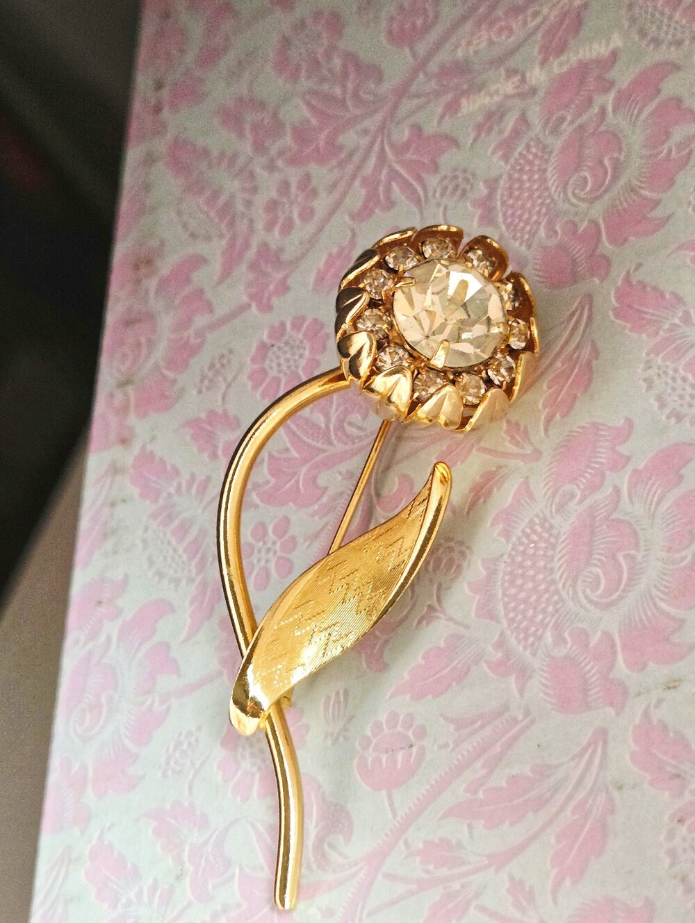 Vintage Gold-Tone Floral Brooch with Clear Crystal